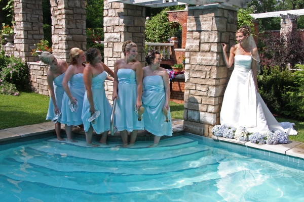 bridesmaids in the pool